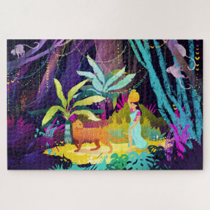 Puzzle Chica y leopardo en la selva tropical