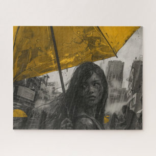 Puzzle Chica zombi con paraguas amarillo
