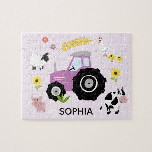 Puzzle Chicas cortan el tractor de granjas moradas y nomb