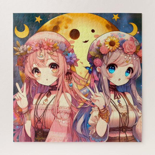 Puzzle Chicas de la Luna Hippie, Chica anime, dan un sign (Vertical)