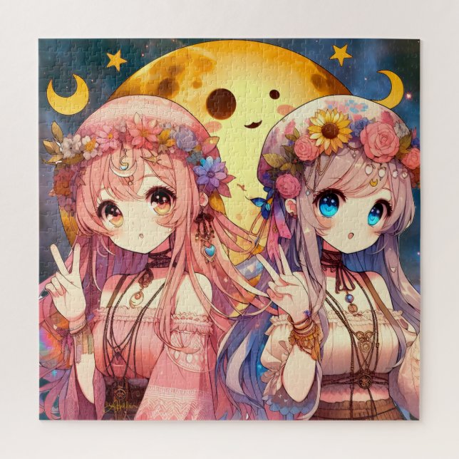 Puzzle Chicas de la Luna Hippie, Chica anime, dan un sign (Vertical)