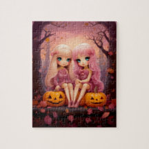 Chicas gemelos de Halloween rosa en el parque