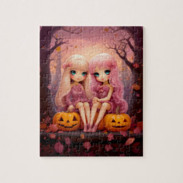 Puzzle Chicas gemelos de Halloween rosa en el parque
