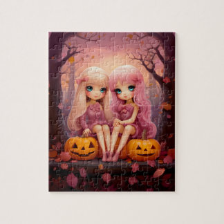 Puzzle Chicas gemelos de Halloween rosa en el parque