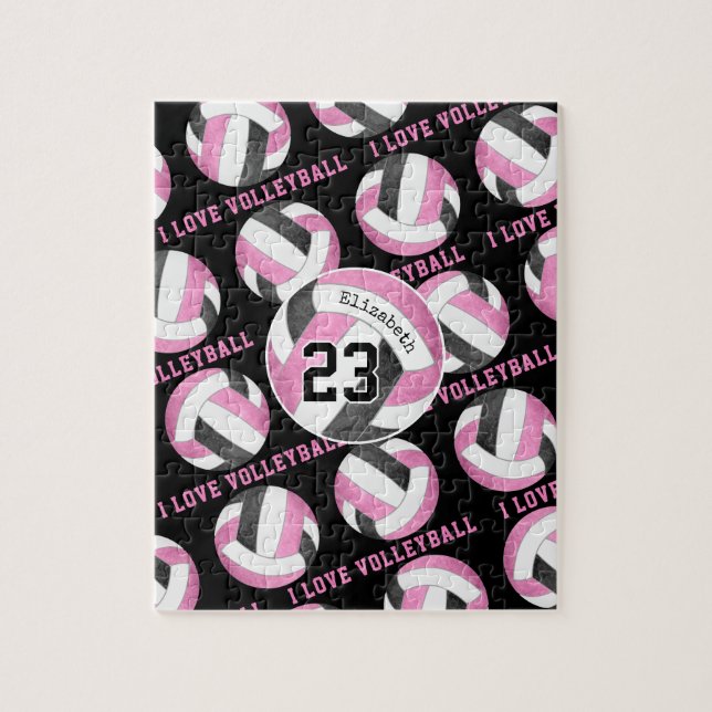 Puzzle chicas me encanta el voleibol rosa negro personali (Vertical)