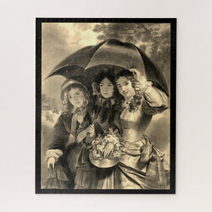 Puzzle Chicas victorianos paraguas lluvioso día de sepia