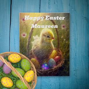 Puzzle Chick de Pascua con cesta de huevo personalizado