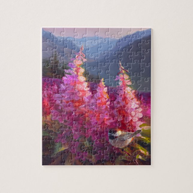 Puzzle Chickadee en Wildflowers de Alaska con las (Vertical)