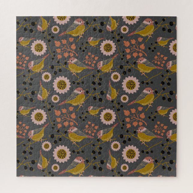 Puzzle Chickadee Gold Pink Flowers Pattern (Vertical)