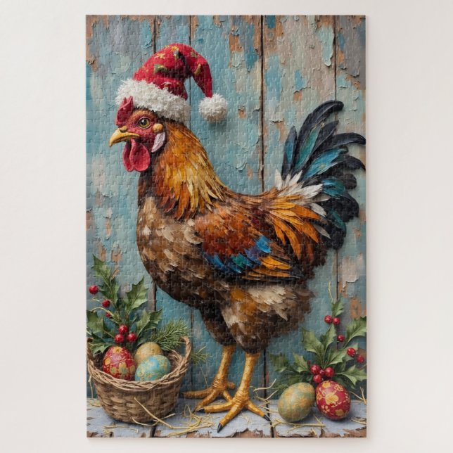 Puzzle Chicken Guarding Christmas Eggs Rustic Hat (Vertical)