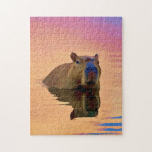 Puzzle Chigüiro emerge de un lago tranquilo