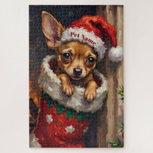 Puzzle Chihuahua Acurrucado en Gorro de Calcetín de Navid