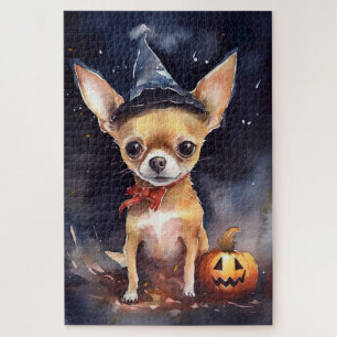 Puzzle chihuahua de Halloween con calabazas aterrador