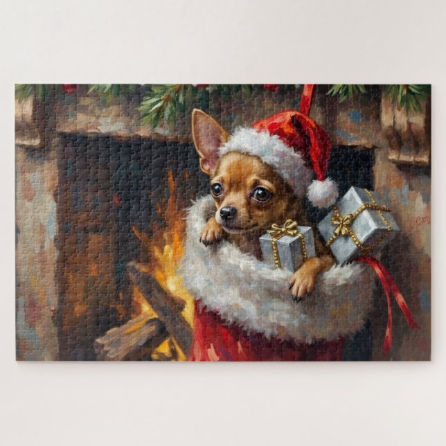 Puzzle Chihuahua Dog Christmas Stocking Surprise Art (Horizontal)