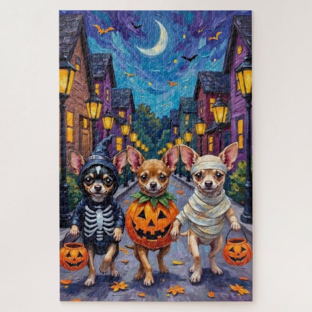 Puzzle Chihuahua pidiendo dulces con disfraces de Hallowe (Vertical)