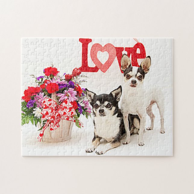 Puzzle Chihuahua's, flores y amor (Horizontal)