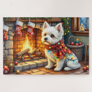 Puzzle Chimenea Bichon Frise con Luces de Navidad