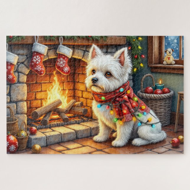 Puzzle Chimenea Bichon Frise con Luces de Navidad (Horizontal)