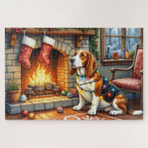 Puzzle Chimenea con luces de Navidad con Basset Hound