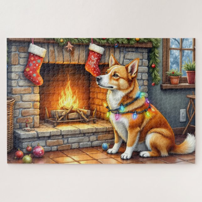 Puzzle Chimenea con Perro Carolina y Luces de Navidad (Horizontal)