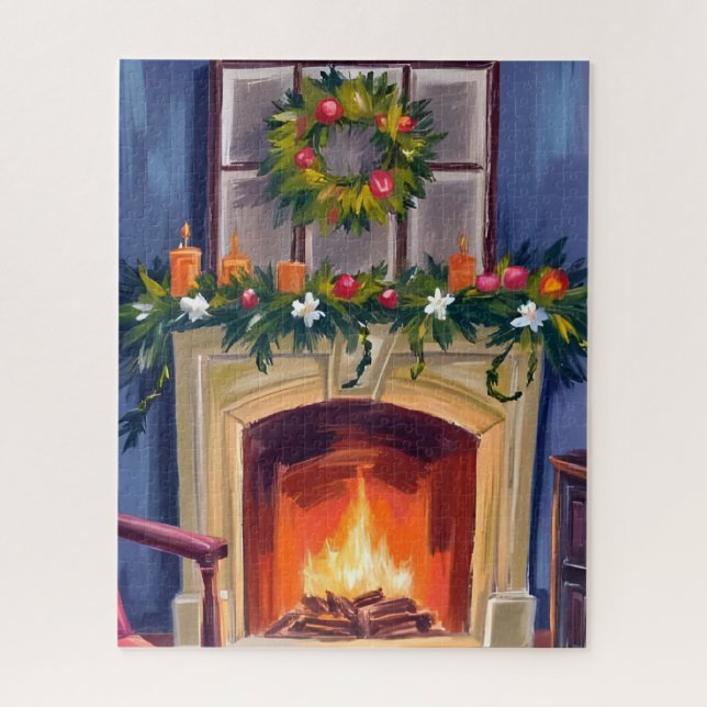 Puzzle Chimenea Festiva Corona de Navidad Acuarela (Vertical)