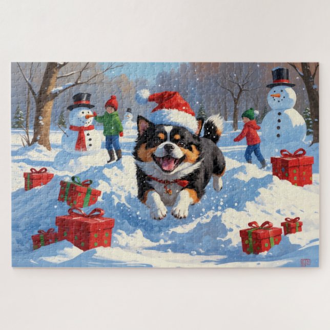 Puzzle Chin japonés corre en Nieve con Gorra Navidad (Horizontal)