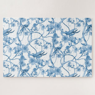 Puzzle Chinoiserie Blue White Bird Floral Influencia asiá