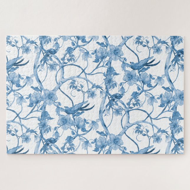 Puzzle Chinoiserie Blue White Bird Floral Influencia asiá (Horizontal)