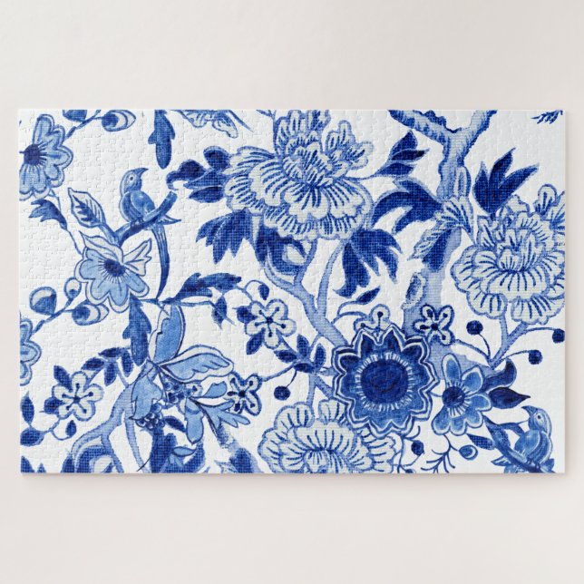 Puzzle Chinoiserie Pájaro Floral Azul y Peonia de Árbol B (Horizontal)