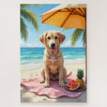 Puzzle Chinook Relaxing Beach Scene<br><div class="desc">A calm Chinook enjoying a peaceful beach moment under a stylish umbrella,  surrounded by fresh fruits and soft ocean views. The painterly style creates a warm and elegant coastal atmosphere.</div>
