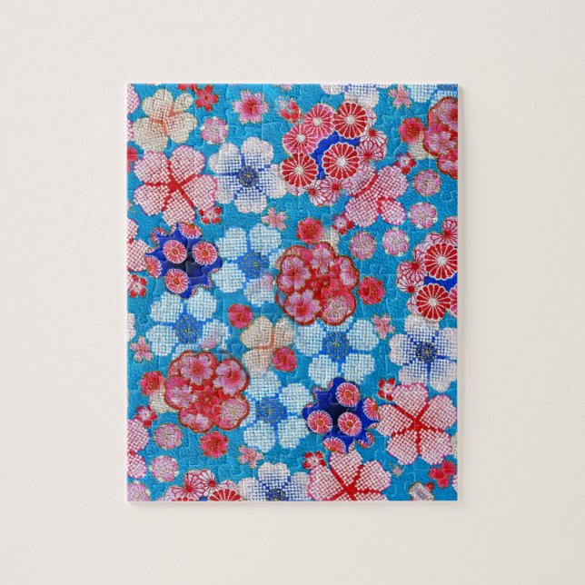 Puzzle Chirimen floral en cascada azul (Vertical)