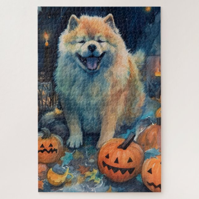 Puzzle Chow Chow de Halloween con calabazas espeluznante  (Vertical)