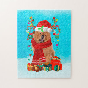 Puzzle Chow Chow en la nieve con regalos de Navidades