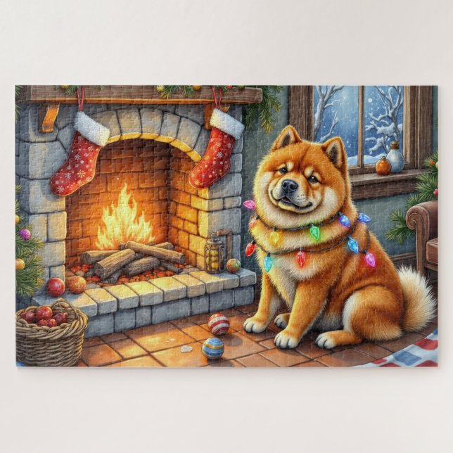 Puzzle Chow Chow Sentado junto a Chimenea con Luces de Na (Horizontal)