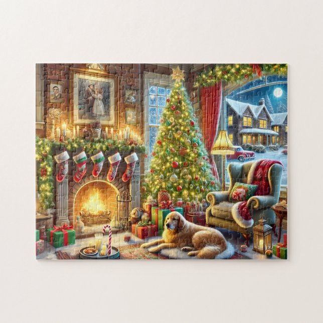 Puzzle Christmas Eve Golden Retriever Cozy Fireplace  (Horizontal)
