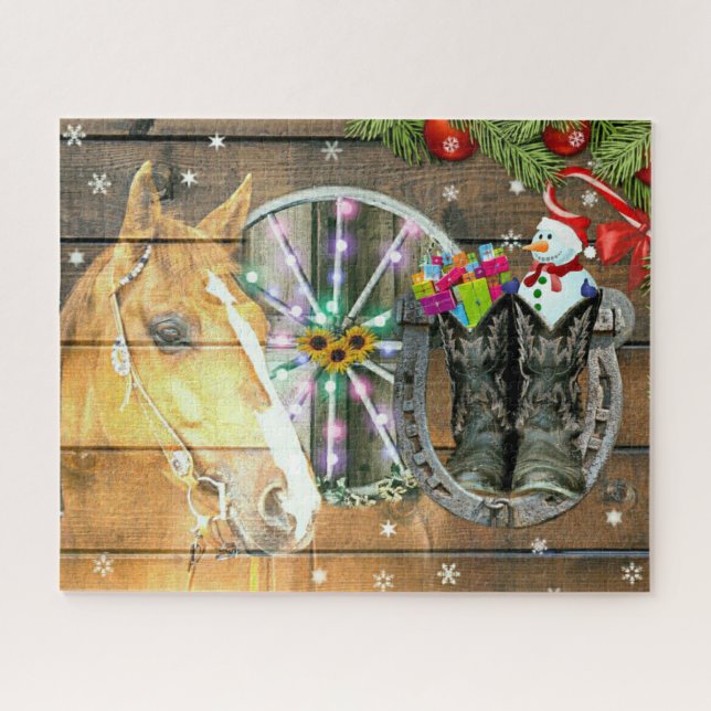 Puzzle Christmas Horse Wagon Wheel Cowboy Boots Garland (Horizontal)