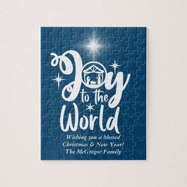 Puzzle Christmas Nativity Joy to the World Blue & White J (Vertical)
