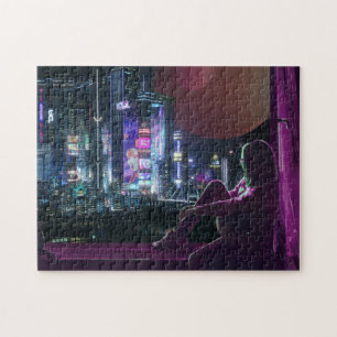 Puzzle ciberpunk ciudad skyline chica scifi synthwave