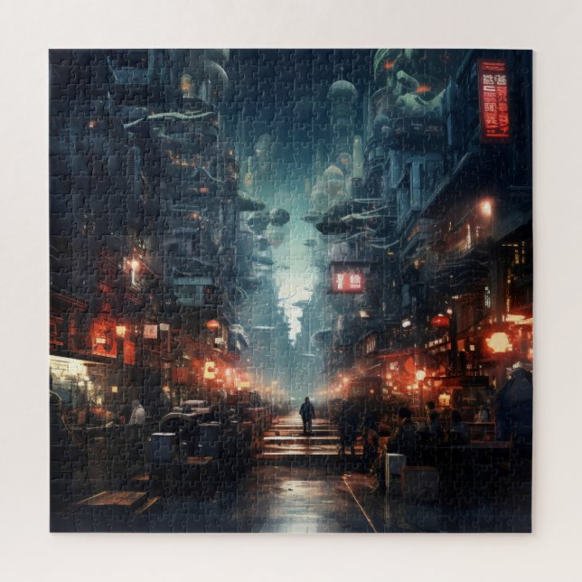 Puzzle Ciberpunk de Ciudad Nocturna Futurista (Vertical)