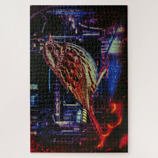 Puzzle Ciberpunk Sparrow en Neon Cityscape (Vertical)