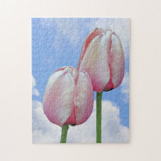 Puzzle Cielo Azul De Tulipanes Rosa Y Nubes Blancas