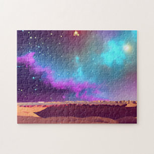 Puzzle Cielo morado y azul cósmico y estrellas sobre el d