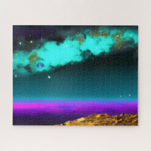 Puzzle Cielo púrpura neón cósmico sobre planeta majestuos