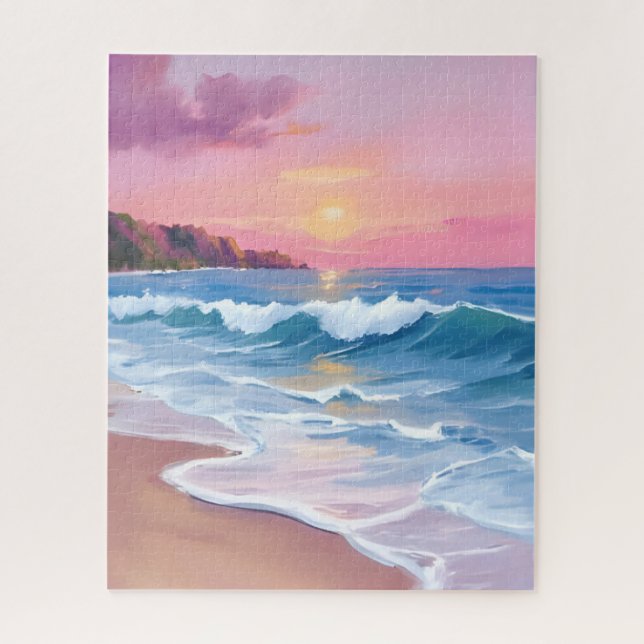 Puzzle Cielos pastel rosa | Olas de playa de acuarela oce (Vertical)