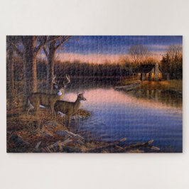 Puzzle Ciervo Buck n Doe en la cabaña en el lago