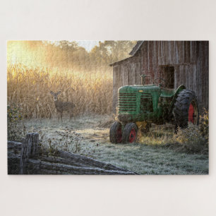 Puzzle Ciervos con Tractor Verde Vintage y Granero