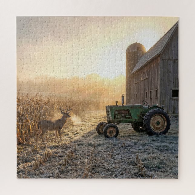 Puzzle Ciervos en Niebla Matutina con Tractor Agrícola (Vertical)