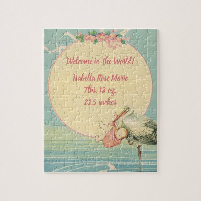 Puzzle Cigüeña vintage con niña en manta rosa (Vertical)