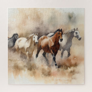 Puzzle “Cinco Mustangs Galopando” Acuarela del Oeste Polv