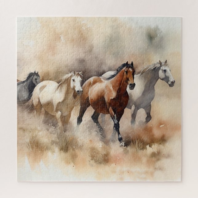Puzzle “Cinco Mustangs Galopando” Acuarela del Oeste Polv (Vertical)